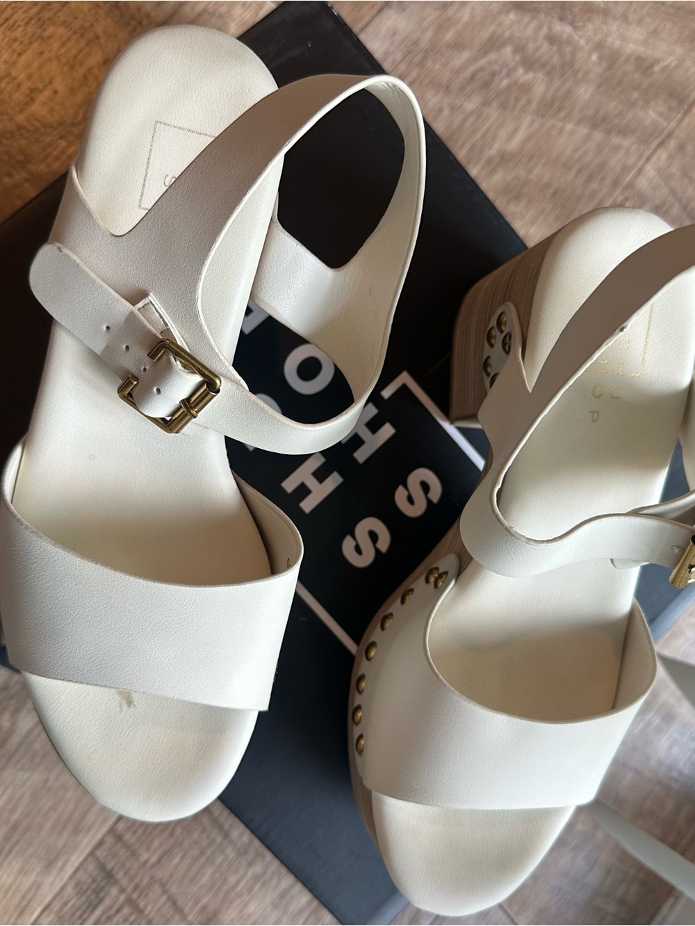 Women's Off-White Platform Clog Sandals with Gold Studs - Picture 2 of 6